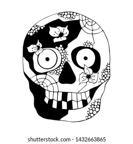 Vector hand drawn illustration of smiling skull with flowers, spider web, tooth, lines face of human Print horror for t shirt. Mexican style, day of the dead, halloween. Sketch, doodle drawing. 