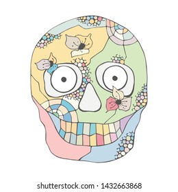 Vector hand drawn illustration of smiling skull with flowers, spider web, tooth, lines face of human Print horror for t shirt. Mexican style, day of the dead, halloween. Sketch, doodle drawing. 