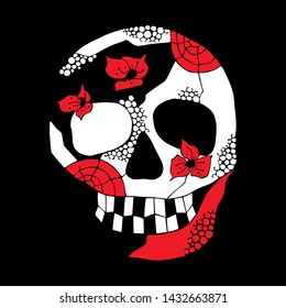 Vector hand drawn illustration of smiling skull with flowers, spider web, tooth, lines face of human Print horror for t shirt. Mexican style, day of the dead, halloween. Sketch, doodle drawing. 