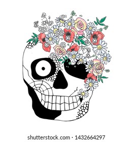Vector hand drawn illustration of smiling skull with watercolor flowers, spider web, tooth, face of human Print horror for t shirt. Mexican style, day of the dead, halloween. Sketch, doodle drawing. 