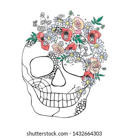 Vector hand drawn illustration of smiling skull with watercolor flowers, spider web, tooth, face of human Print horror for t shirt. Mexican style, day of the dead, halloween. Sketch, doodle drawing. 
