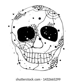 Vector hand drawn illustration of smiling skull with grunge effect, spider web, tooth, face of human Print horror for t shirt. Mexican style, day of the dead, halloween. Sketch, doodle drawing. 