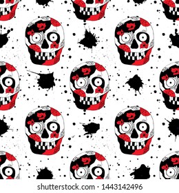 Vector hand drawn illustration of smiling skull with flowers, spider web, tooth, eys, lines face of human Print horror for t shirt. Mexican style, day of the dead, halloween. Sketch, doodle drawing.