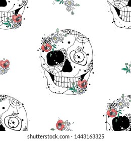 Vector hand drawn illustration of smiling skull with watercolor flowers, spider web, tooth, face of human Print horror for t shirt. Mexican style, day of the dead, halloween. Sketch, doodle drawing.