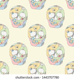Vector hand drawn illustration of smiling skull with flowers, spider web, tooth, lines face of human Print horror for t shirt. Mexican style, day of the dead, halloween. Sketch, doodle drawing.