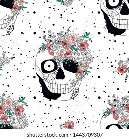 Vector hand drawn illustration of smiling skull with watercolor flowers, spider web, tooth, face of human Print horror for t shirt. Mexican style, day of the dead, halloween. Sketch, doodle drawing.