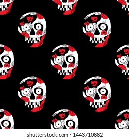 Vector hand drawn illustration of smiling skull with flowers, spider web, tooth, eys, lines face of human Print horror for t shirt. Mexican style, day of the dead, halloween. Sketch, doodle drawing.
