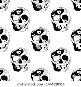 Vector hand drawn illustration of smiling skull with flowers, spider web, tooth, lines face of human Print horror for t shirt. Mexican style, day of the dead, halloween. Sketch, doodle drawing.