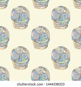 Vector hand drawn illustration of smiling skull with flowers, spider web, tooth, lines face of human Print horror for t shirt. Mexican style, day of the dead, halloween. Sketch, doodle drawing.