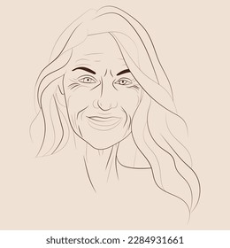 Ilustración con mano vectorial de una mujer madura sonriente y atractiva. Hermosa anciana