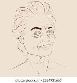 Vector hand drawn illustration of a smiling attractive well-groomed mature woman. Beautiful elderly lady