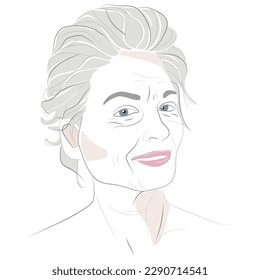 Ilustración de una hermosa mujer anciana sonriente dibujada a mano por un vector. Análisis estacional del color. Tipo de verano de apariencia femenina con pelo gris 
