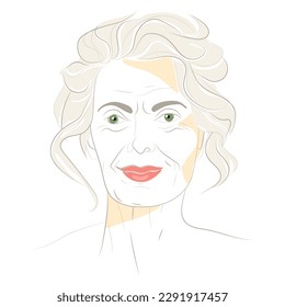 Vector hand drawn illustration of a smiling attractive beautiful elderly woman. Seasonal color analysis. Spring type of female appearance with gray hair 