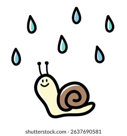 Vector hand drawn illustration of smiling snail character with raindrops.