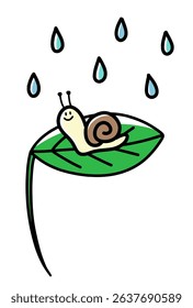 Vector hand drawn illustration of a smiling snail character sitting on a leaf.