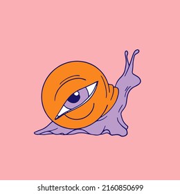 Vector  hand drawn illustration of snail with human eye. Creative abstract artwork . Template for card, poster, banner, print for t-shirt, pin, badge, patch.