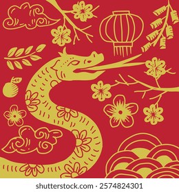 Vector hand drawn illustration with snakes and floral ornament on red background. Chinese year of the snake.