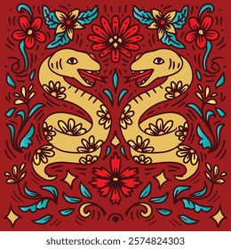 Vector hand drawn illustration with snakes and floral ornament on red background. Chinese year of the snake.