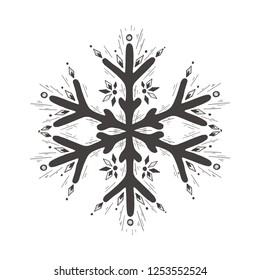 Vector hand drawn illustration of snowflake in vintage engraved style. Isolated on white background.