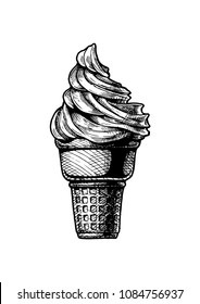 Vector Hand Drawn Illustration Of Soft Serve Ice Cream In A Cone. Vintage Engraved Style. Isolated On White Background. 