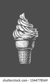 Vector hand drawn illustration of Soft serve ice cream in a cone. Vintage engraved style. Isolated on black background. 