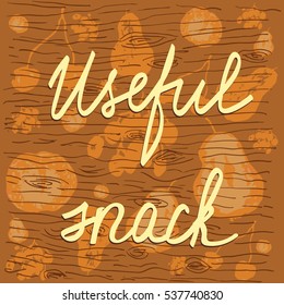 Vector hand drawn illustration with some watercolor stylized fruits and berries on a wooden background augmented with a sign. Food and catering, design element, printed goods.