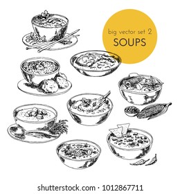 Vector hand drawn illustration and soups set different cuisines  dishes different nations  graphic 