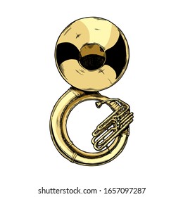 Vector hand drawn illustration of sousaphone. isolated on white.