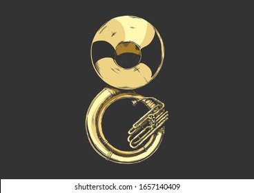 Vector hand drawn illustration of sousaphone. isolated on black.