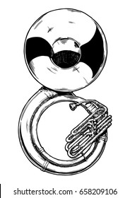 Vector hand drawn illustration of sousaphone. Black and white, isolated on white.