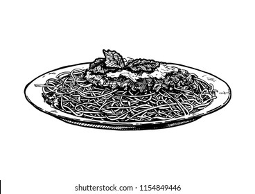 Vector hand drawn illustration of Spaghetti dishes on plate in vintage engraved style. Isolated on white background. 