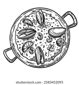 Vector hand drawn illustration of Spanish paella from above, with mussels and shrimps, restaurant food