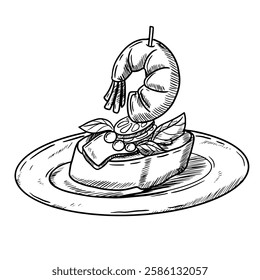 Vector hand drawn illustration of spanish tapa with shrimp appetizer restaurant on plate