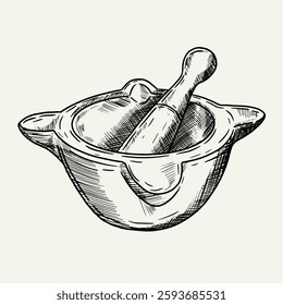 Vector hand drawn illustration of Spanish kitchen mortar