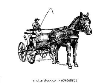Vector hand drawn illustration of spider phaeton. Open sporty carriage drawn by one horse. Black and white, isolated on white. In vintage engraved style.