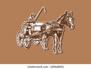 Vector hand drawn illustration of spider phaeton. Open sporty carriage drawn by one horse. 