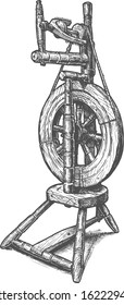 Vector hand drawn illustration of Spinning wheel in vintage engraved style. Isolated on white background.