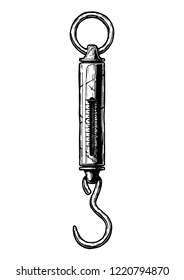 Vector hand drawn illustration of Spring scale in vintage engraved style. Isolated on white background.