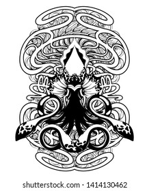 Vector hand drawn illustration of squid isolated. Creative tattoo artwork. Template for card, poster. banner, print for t-shirt, pin, badge, patch.