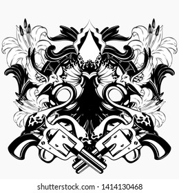 Vector hand drawn illustration of squid isolated. Creative tattoo artwork with guns and baroque frame . Template for card, poster. banner, print for t-shirt, pin, badge, patch.