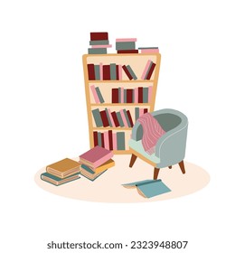 Vector hand drawn illustration of stack of books, open book, armchair, bookshelf. Book lover  reading nook illustration.