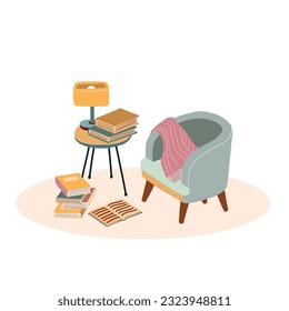 Vector hand drawn illustration of stack of books, open book, armchair. Book lover  reading nook illustration.