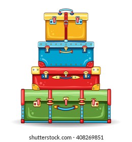 Vector hand drawn illustration with stack of colorful vintage suitcases. Travel baggage background 