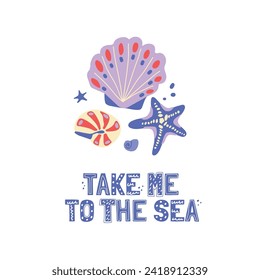 Vector hand drawn illustration. Starfish and shells with lettering. All elements are isolated. Cartoon drawing style. A set of elements for the design of postcards, covers, and T-shirts. 