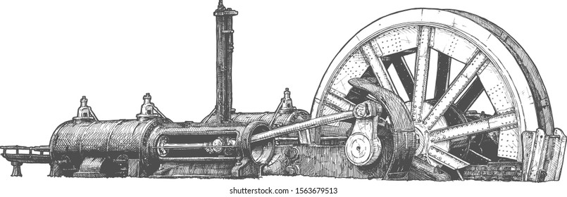 Vector hand drawn illustration of Stationary steam engine in vintage engraved style. Isolated on white background.