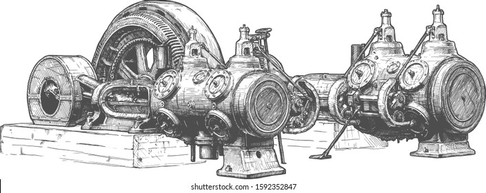 Vector hand drawn illustration of Stationary steam engine in vintage engraved style. Isolated on white background.