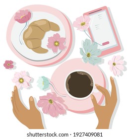 Vektorhandgezeichnete Illustration - Stillleben mit Kaffee, Croissant, weiblichen Händen, Telefon und Blumen. Frühlingsstillleben. flache Illustration für Zeitschriften, Websites und Apps
