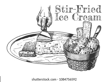 Vector hand drawn illustration of Stir-fried ice cream in vintage engraved style. isolated on white background.