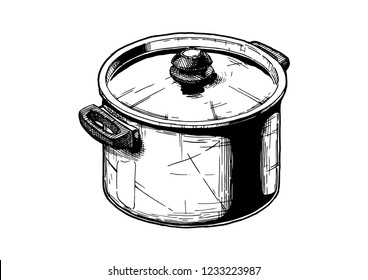 Vector hand drawn illustration of Stock pot in vintage engraved style. Isolated on white background. 