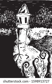 vector hand drawn illustration of a strange almost destroyed house on bird paws walking through gloomy forest.